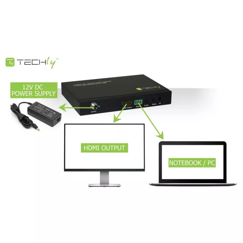 Techly HDMI 4x1 Multi-viewer with seamless switcher, HDMI, Metal, Black, 60 Hz, 1080p, 2.25 Gbit/s