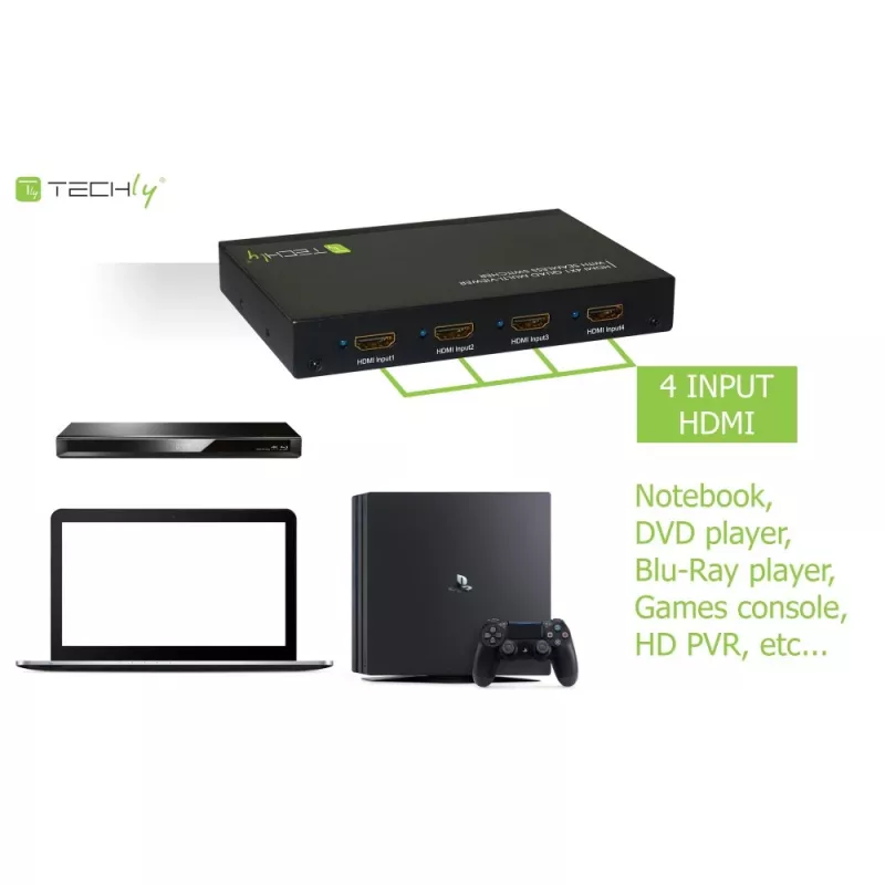 Techly HDMI 4x1 Multi-viewer with seamless switcher, HDMI, Metal, Black, 60 Hz, 1080p, 2.25 Gbit/s