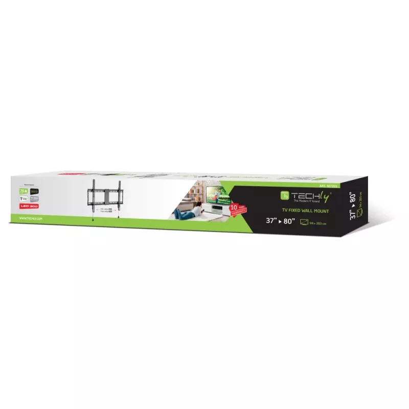 Techly Fixed Wall Mount Bracket LED TV LCD 37-80 inch, 94 cm (37 inch), 2.03 m (80 inch), 70 kg, 200 x 200 mm, 600 x 400 mm, Black
