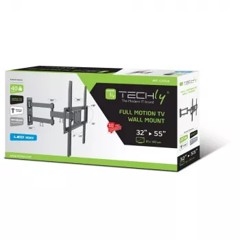 Techly 32-55 inch Full-Motion LED LCD TV Wall Mount, 400 x 400 mm, -15 - 10°, 10 - 90°, 180°, Steel, Black