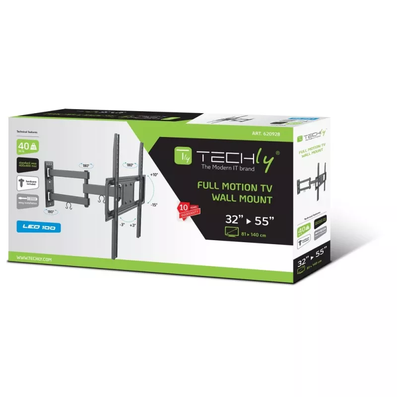 Techly 32-55 inch Full-Motion LED LCD TV Wall Mount, 400 x 400 mm, -15 - 10°, 10 - 90°, 180°, Steel, Black