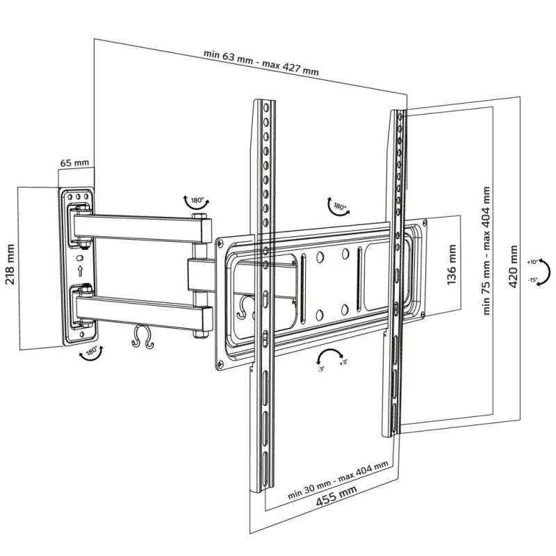Techly 32-55 inch Full-Motion LED LCD TV Wall Mount, 400 x 400 mm, -15 - 10°, 10 - 90°, 180°, Steel, Black