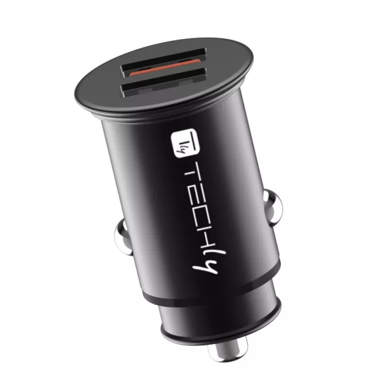 Techly Mini Car Charger 2 Ports USB-A Quick Charge 3.0 36W in Black Metal