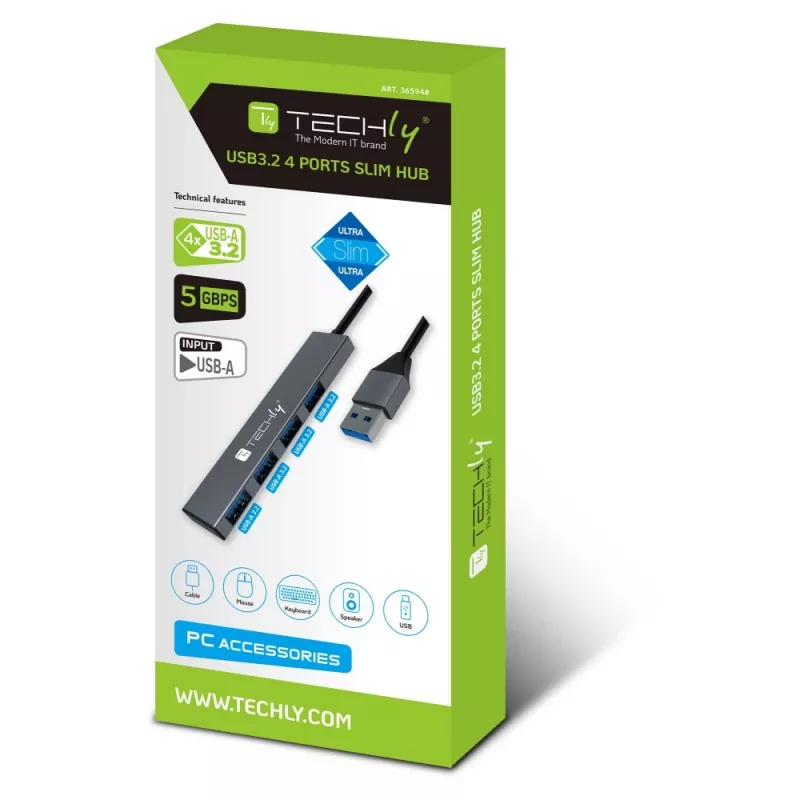 Techly IUSB32-HUB4A-4U3SL laptop dock/port replicator Wired USB 3.2 Gen 1 (3.1 Gen 1) Type-A Grey