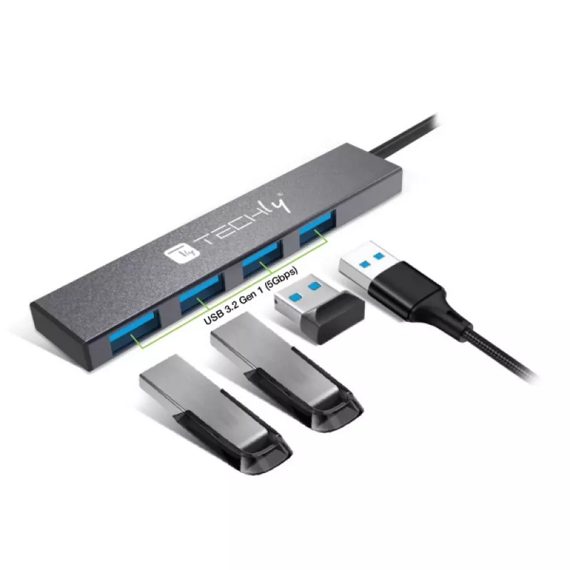 Techly IUSB32-HUB4A-4U3SL laptop dock/port replicator Wired USB 3.2 Gen 1 (3.1 Gen 1) Type-A Grey