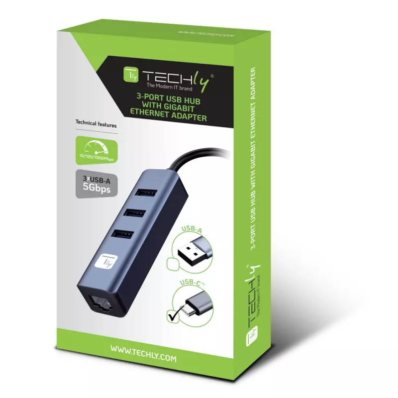Techly IDATA USB-ETGIGA3CA laptop dock/port replicator Wired USB 3.2 Gen 1 (3.1 Gen 1) Type-A + Type-C Black, Silver