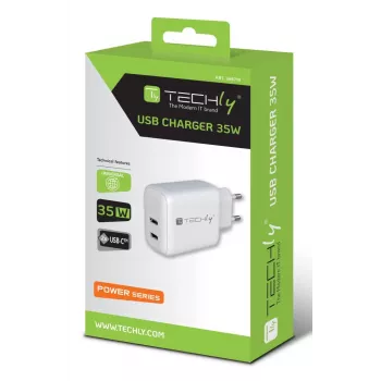 Techly IPW-USB-2C35W mobile device charger Laptop, Smartphone, Tablet White AC Fast charging Indoor