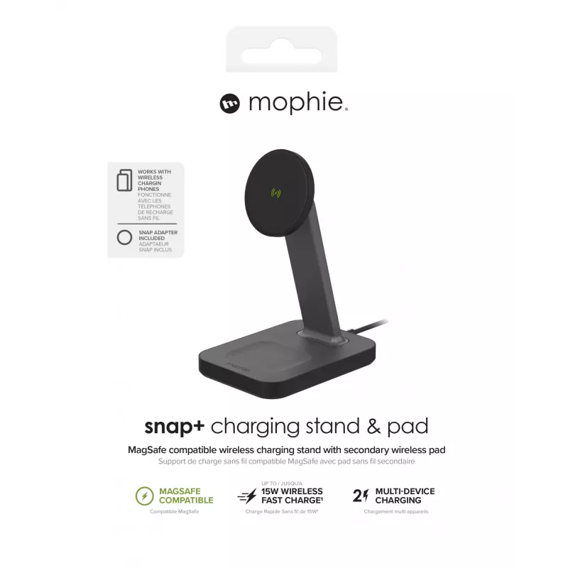 mophie UNV WRLS-snap+ stand & pad-Black-ROC-EU, Indoor, AC, Wireless charging, Black