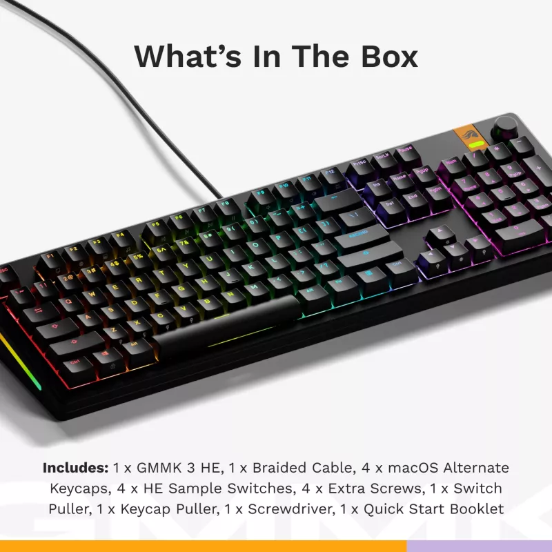 Glorious Gaming GMMK 3 HE 100% Prebuilt Wired Black - US, Wired, USB, Mechanical, QWERTY, RGB LED, Black