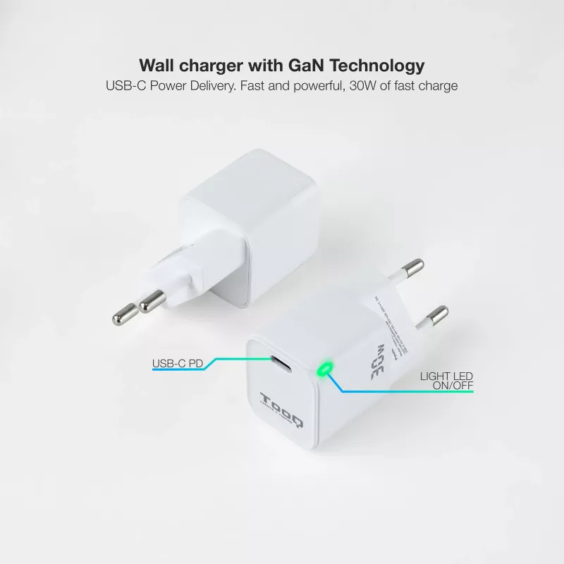 TooQ GAN USB-C/PD Wall Charger 30W, White, Indoor, AC, White