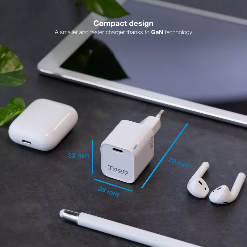 TooQ GAN USB-C/PD Wall Charger 30W, White, Indoor, AC, White