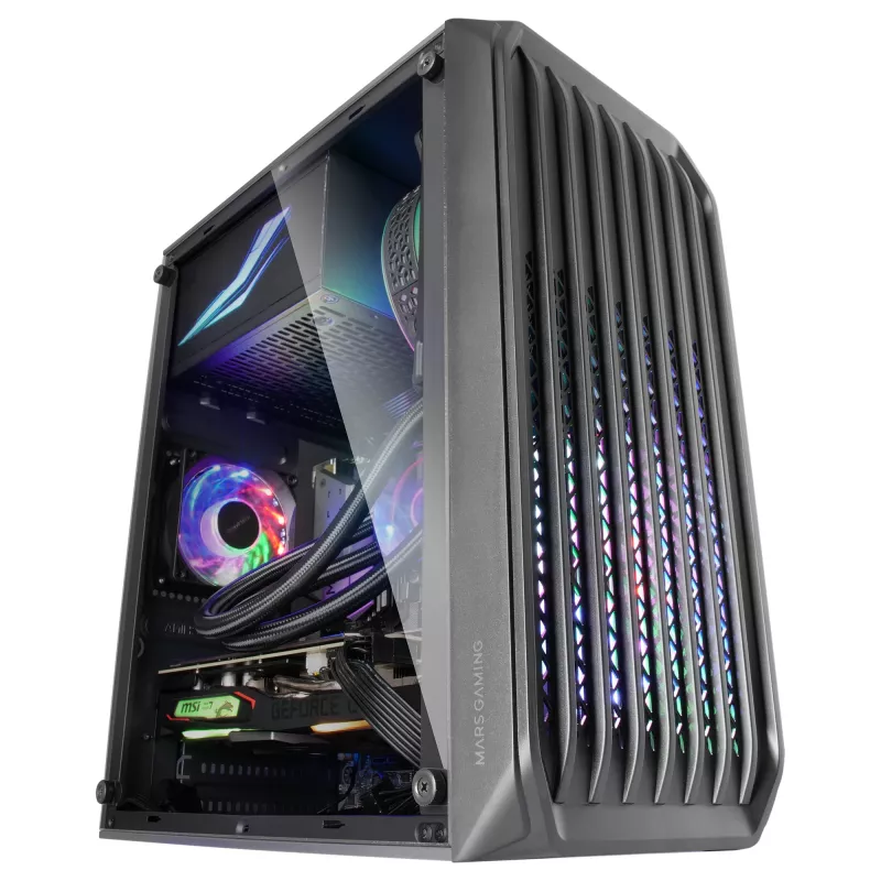 Mars Gaming MC-S2 Black Compact Micro-ATX Gaming PC Case 2 FRGB Rainbow Fans with Front Grille Full Side Window