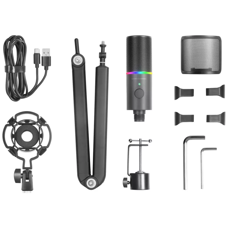 Mars Gaming MMIC-XT, Professional High Definition 192Khz 24-bit Studio Microphone, Omnidirectional Arm, Anti Shock Mount, Pop Filter Metal Mesh, Black
