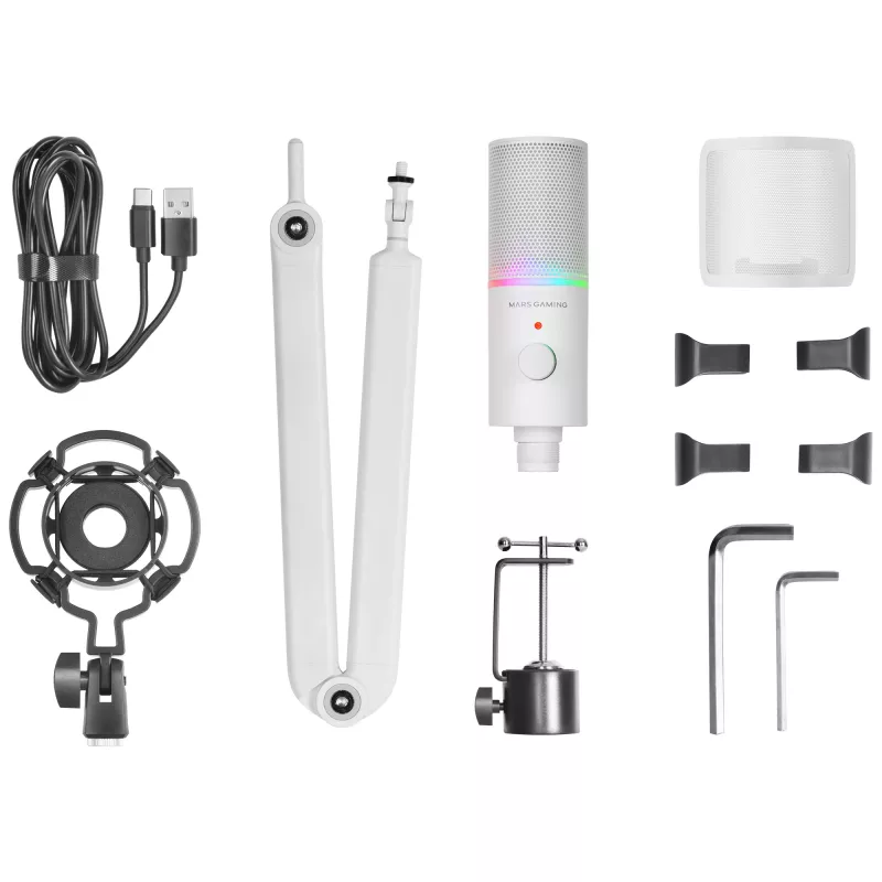 Mars Gaming MMIC-XT, Professional High Definition 192Khz 24-bit Studio Microphone, Omnidirectional Arm, Anti Shock Mount, Pop Filter Metal Mesh, White
