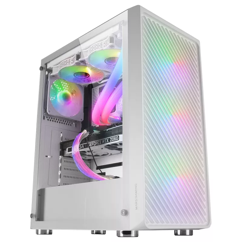 Mars Gaming MC-F White, ATX Gaming Semitower, Full Tempered Glass Window, Metal-Mesh Front, 4x 120mm ARGB Fans