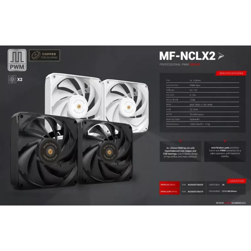 Mars Gaming MF-NCLX2W Computer case Fan 12 cm White 2 pc(s)