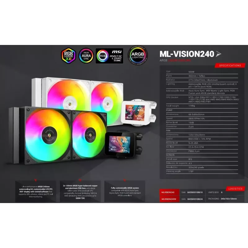 Mars Gaming ML-VISION240W AIO Liquid CPU Cooler, 240 mm, RGB, White