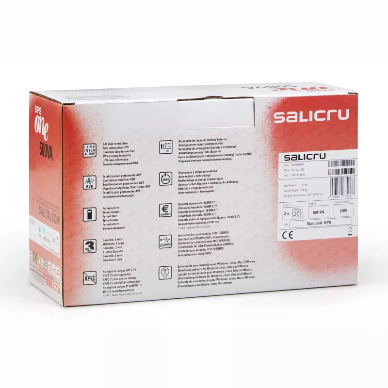 Salicru SPS 500 ONE, Line-Interactive, 0.5 kVA, 240 W, Sine, 162 V, 290 V