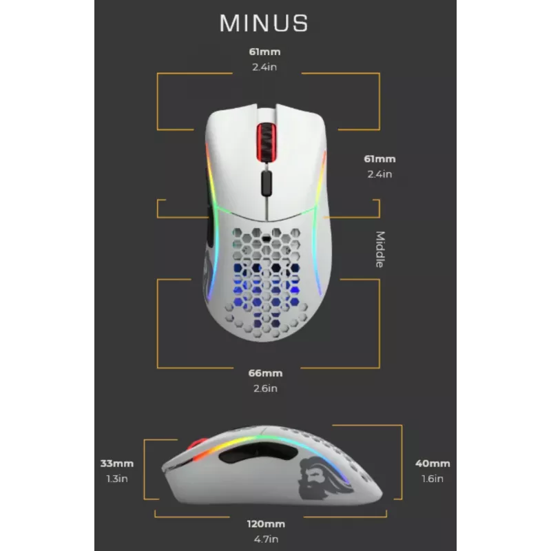 Glorious Gaming Glorious Model D Minus - Matte White, Right-hand, Optical, USB Type-A, 3200 DPI, 1 ms, White