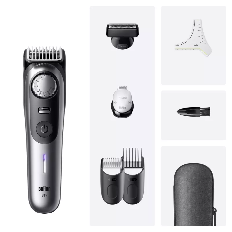 Beard trimmer BRAUN BeardTrimmer 9 80789785, 20 length steps, 0.5–20 mm, AC/Battery, Wet & Dry, Grey