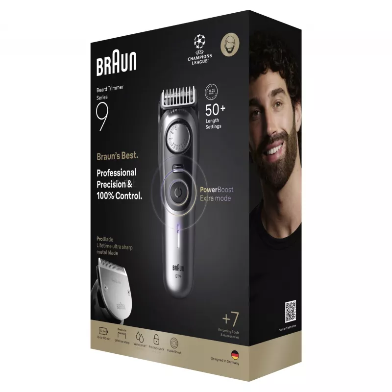 Beard trimmer BRAUN BeardTrimmer 9 80789785, 20 length steps, 0.5–20 mm, AC/Battery, Wet & Dry, Grey