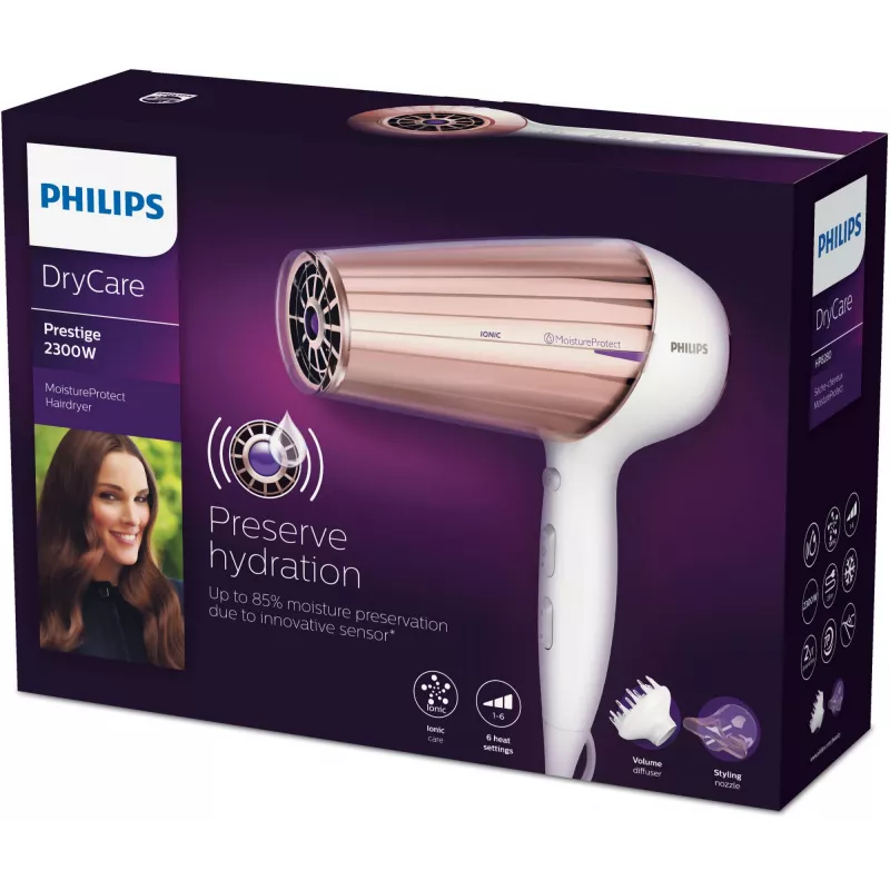 Hairdryer Philips MoistureProtect Sensor HP8280/00 — 2300 W, DC motor, 6 speeds, ionic, cool shot, purple/white