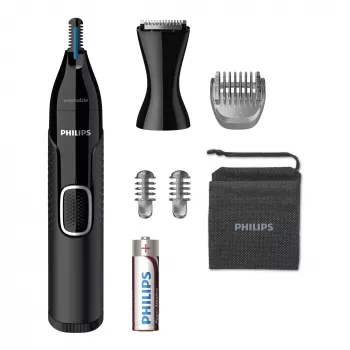 Nose trimmer Philips 5000 NT5650/16 — battery-powered, AA, waterproof, stainless steel blades, 3 combs, travel pouch