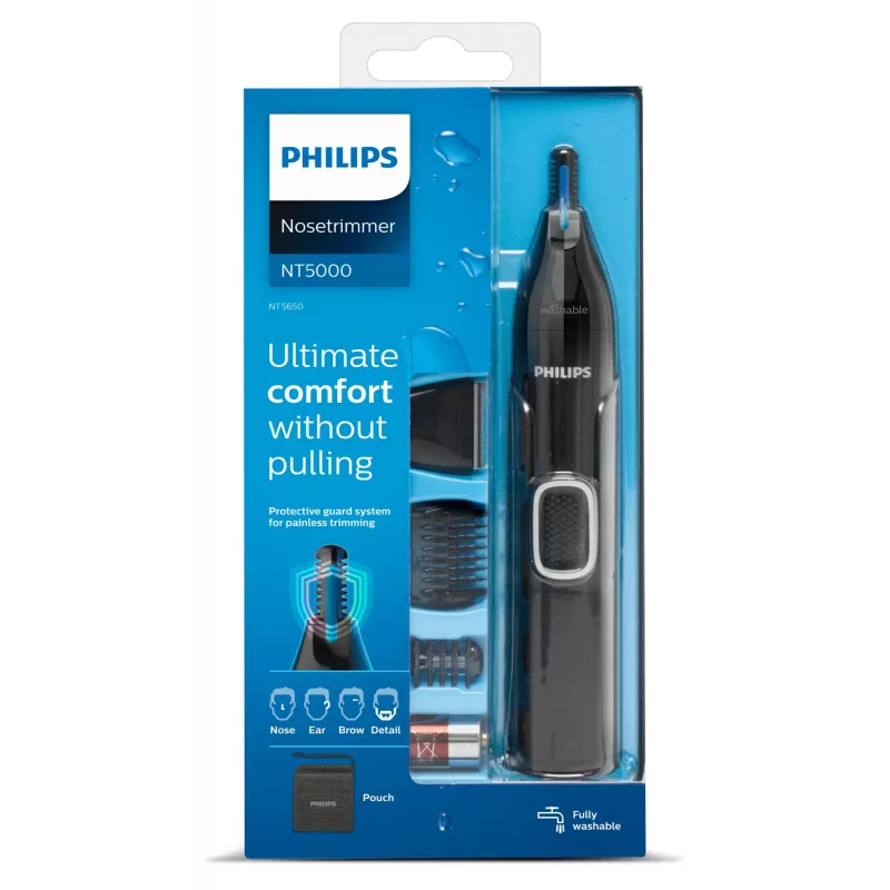 Nose trimmer Philips 5000 NT5650/16 — battery-powered, AA, waterproof, stainless steel blades, 3 combs, travel pouch