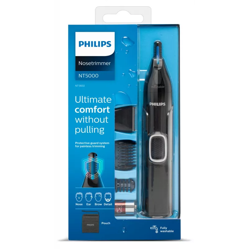 Nose trimmer Philips 5000 NT5650/16 — battery-powered, AA, waterproof, stainless steel blades, 3 combs, travel pouch