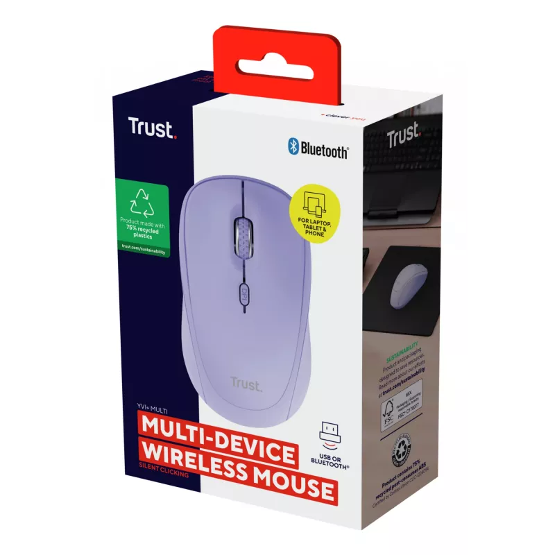Trust Yvi+ mouse Universal Ambidextrous RF Wireless + Bluetooth Optical 1600 DPI