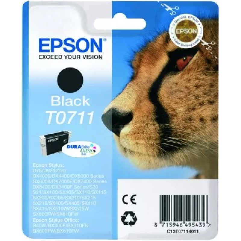 Epson Cheetah Singlepack Black T0711 DURABrite Ultra Ink, Black, Pigment-based ink, 1 pc(s)
