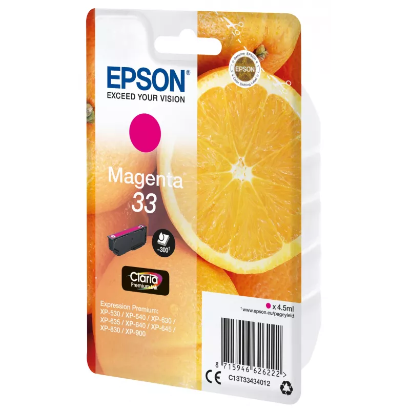 Epson Oranges Singlepack Magenta 33 Claria Premium Ink, Magenta, Pigment-based ink, 4.5 ml, 1 pc(s), 300 pages