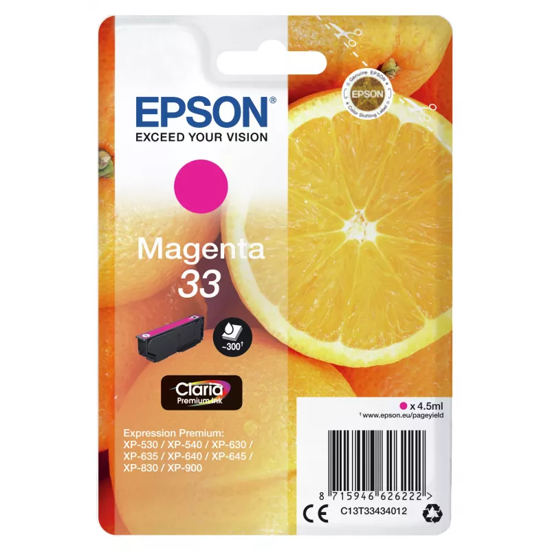 Epson Oranges Singlepack Magenta 33 Claria Premium Ink, Magenta, Pigment-based ink, 4.5 ml, 1 pc(s), 300 pages