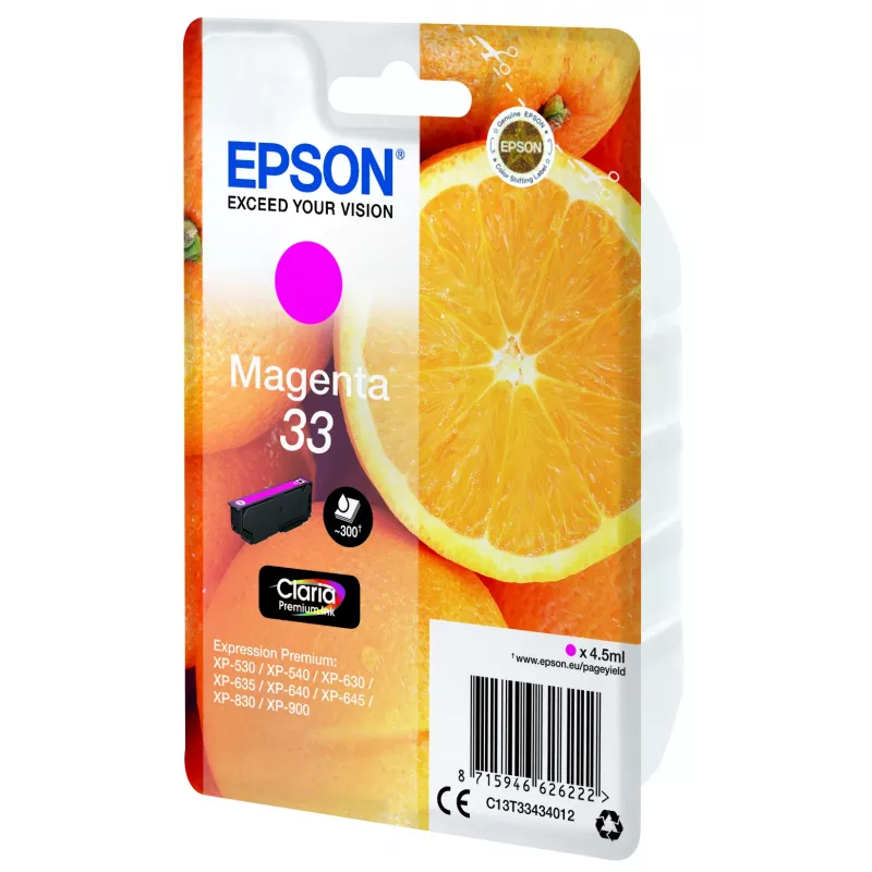 Epson Oranges Singlepack Magenta 33 Claria Premium Ink, Magenta, Pigment-based ink, 4.5 ml, 1 pc(s), 300 pages