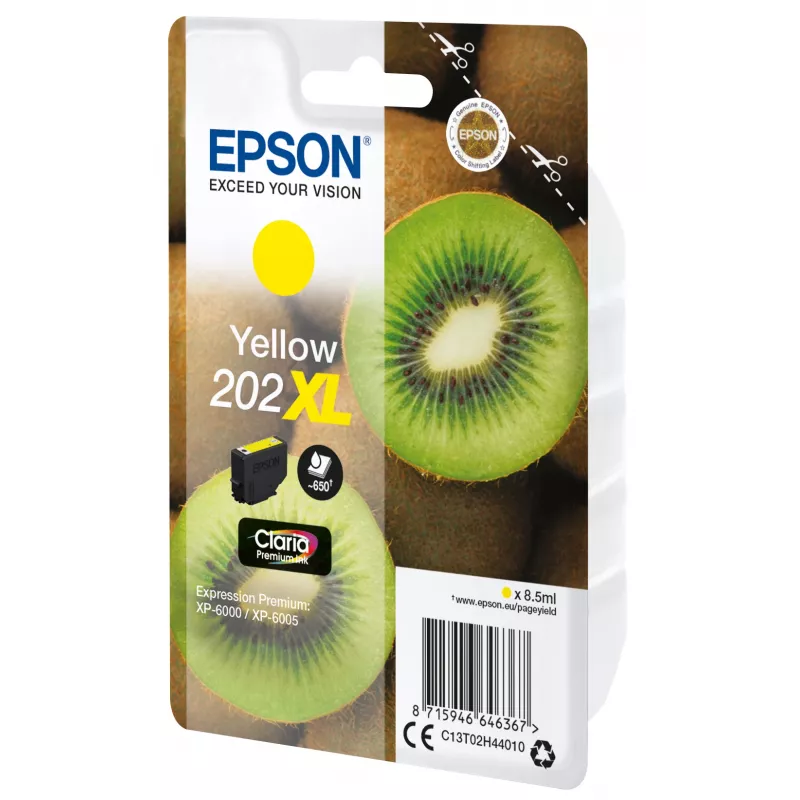 Epson Kiwi Singlepack Yellow 202XL Claria Premium Ink, High (XL) Yield, Yellow, Pigment-based ink, 8.5 ml, 1 pc(s), 650 pages