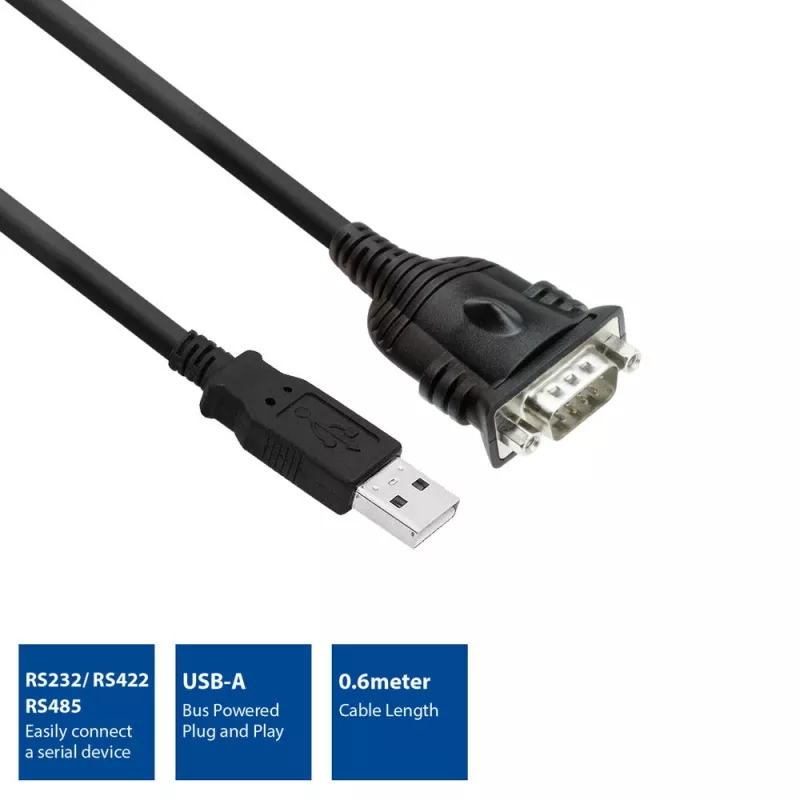 ACT 0.6 meters USB to serial adapter, Black, 0.6 m, USB Type-A, DB-9, Male, Male