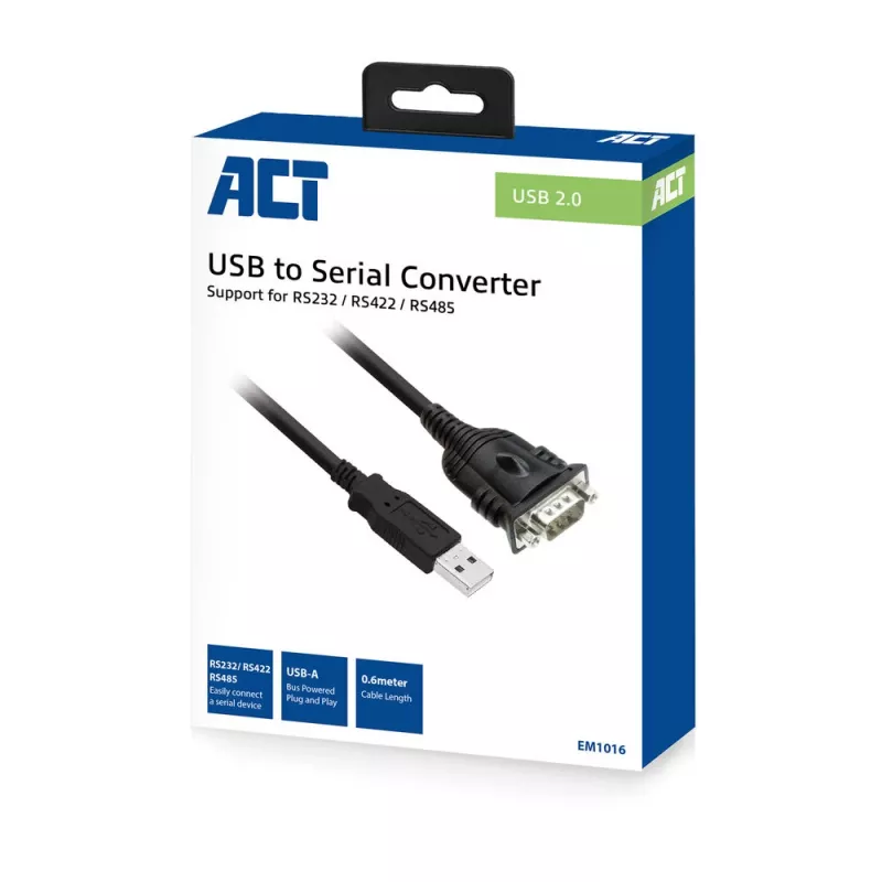 ACT 0.6 meters USB to serial adapter, Black, 0.6 m, USB Type-A, DB-9, Male, Male
