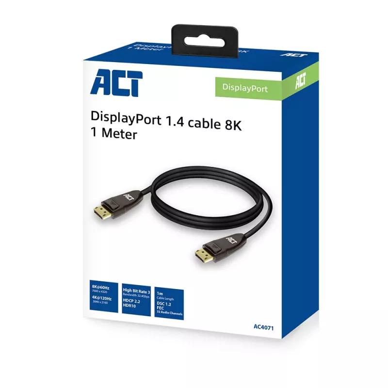 ACT DisplayPort 1.4 cable 8K, 1m, 1 m, DisplayPort, DisplayPort, Male, Male, Black