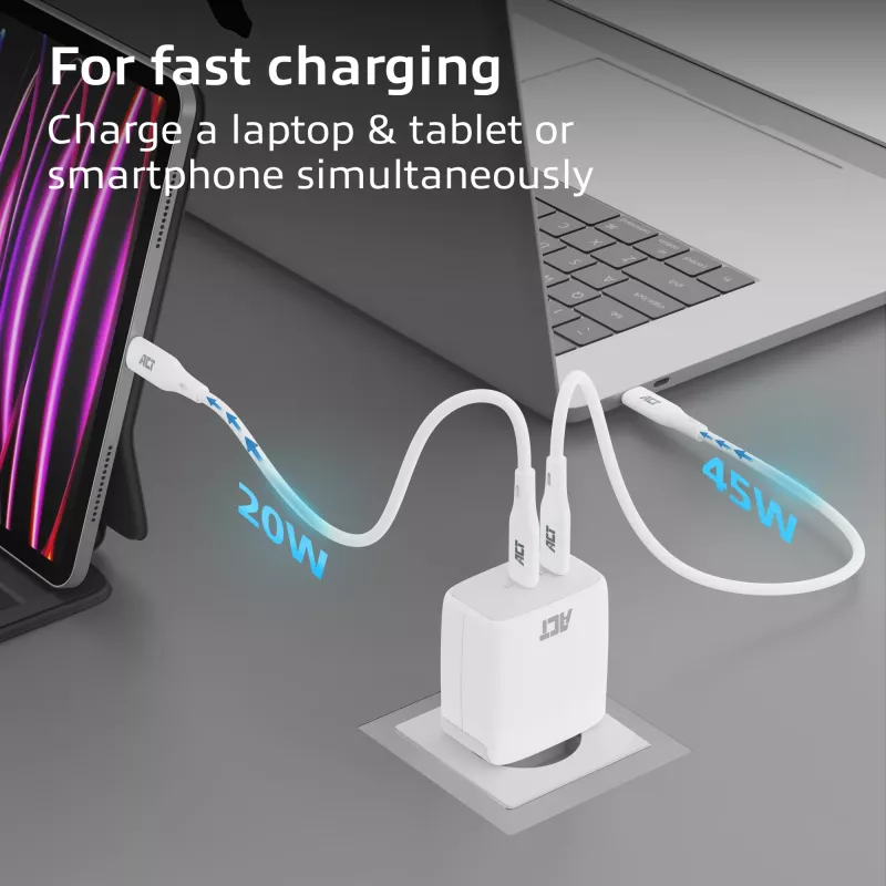 ACT USB-C Charger 65W 2-port with Power Delivery PPS and GaNFast