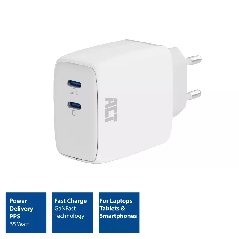 ACT USB-C Charger 65W 2-port with Power Delivery PPS and GaNFast