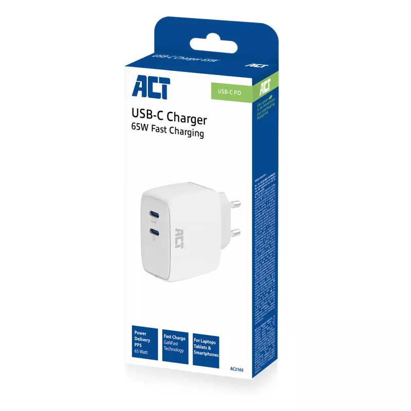 ACT USB-C Charger 65W 2-port with Power Delivery PPS and GaNFast