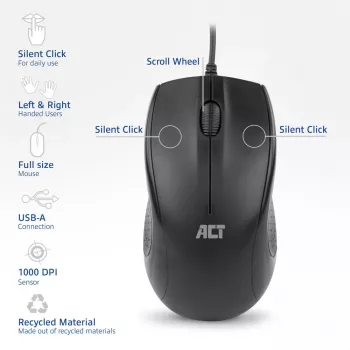 ACT Wired full-size optical mouse 1000 DPI, silent click, eco-friendly, made from recycled materials