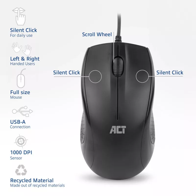 ACT Wired full-size optical mouse 1000 DPI, silent click, eco-friendly, made from recycled materials