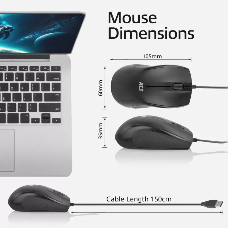 ACT Wired full-size optical mouse 1000 DPI, silent click, eco-friendly, made from recycled materials