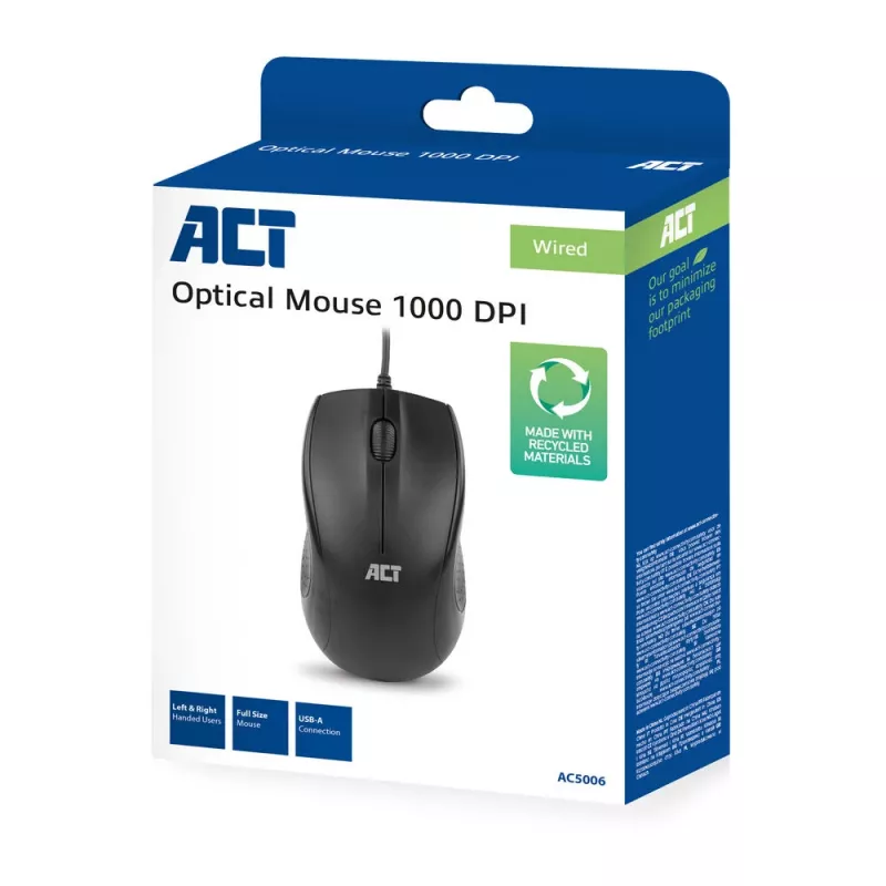 ACT Wired full-size optical mouse 1000 DPI, silent click, eco-friendly, made from recycled materials