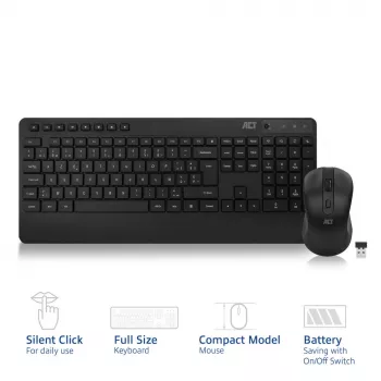 ACT Wireless keyboard and mouse bundle (Azerty), silent click, eco-friendly, made from recycled materials