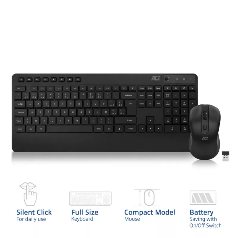 ACT Wireless keyboard and mouse bundle (Azerty), silent click, eco-friendly, made from recycled materials