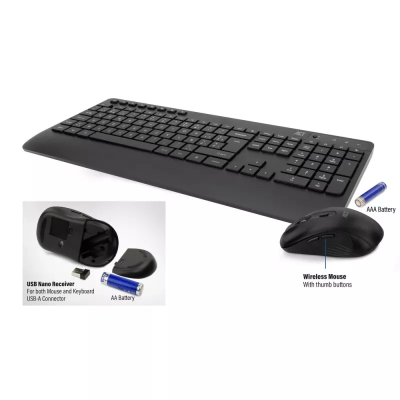 ACT Wireless keyboard and mouse bundle (Azerty), silent click, eco-friendly, made from recycled materials