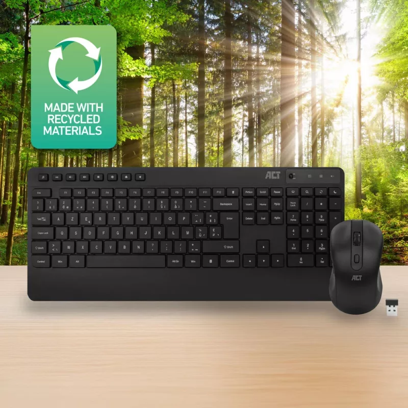 ACT Wireless keyboard and mouse bundle (Azerty), silent click, eco-friendly, made from recycled materials