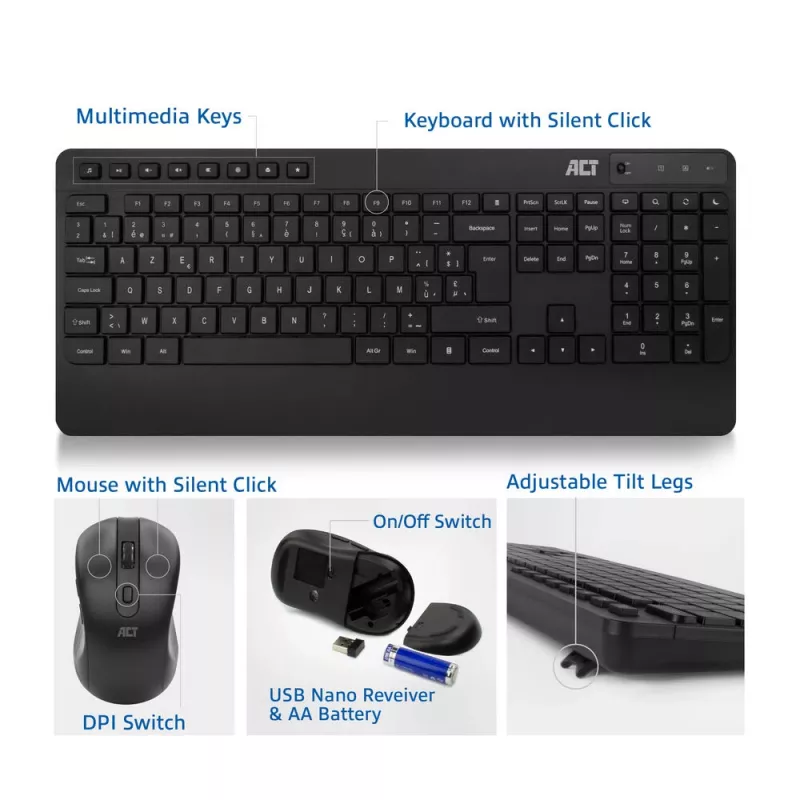 ACT Wireless keyboard and mouse bundle (Azerty), silent click, eco-friendly, made from recycled materials